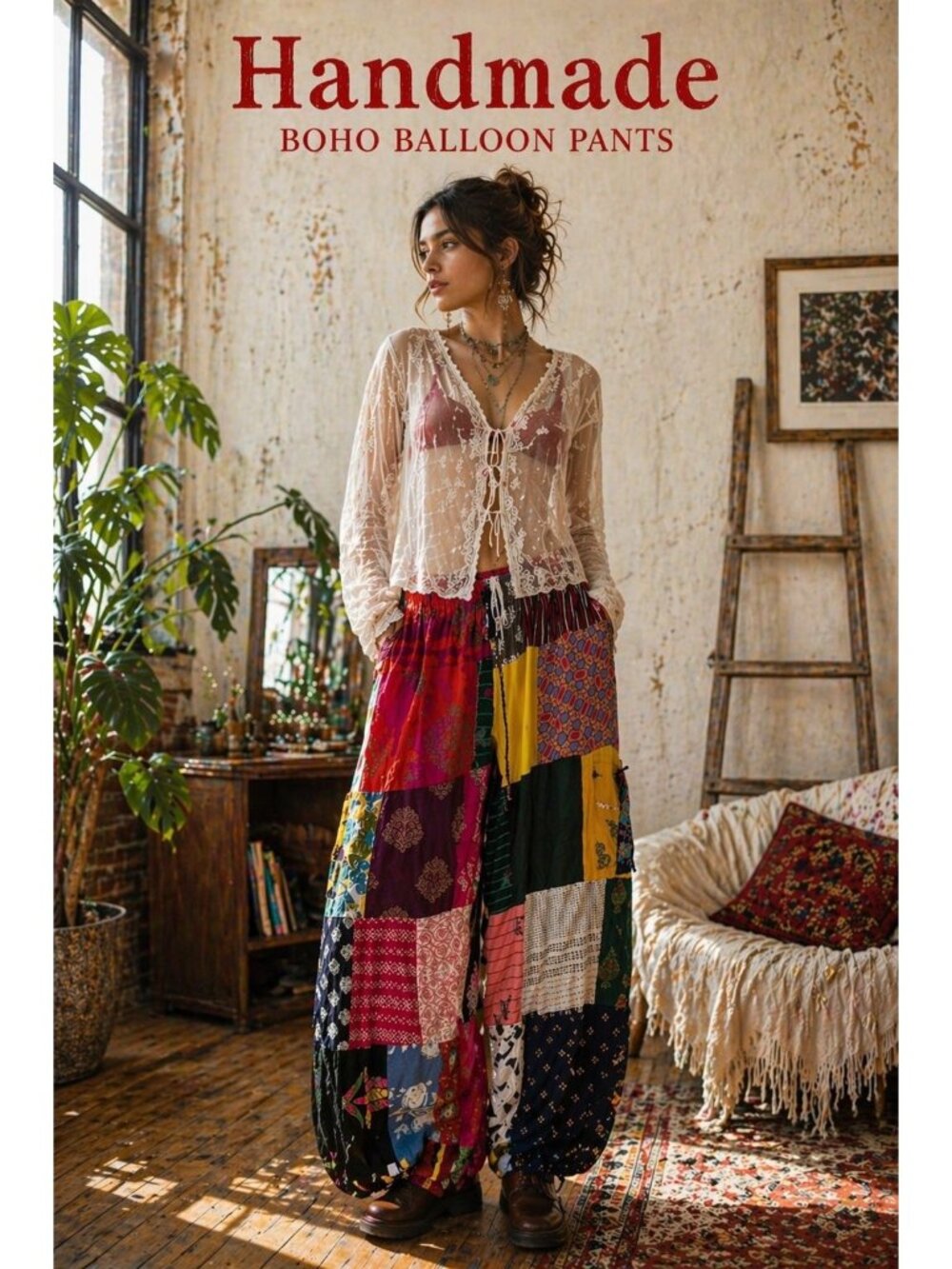 Handmade Patchwork Harem Pants S/M Multicolor Balloon Boho Hippie Festival